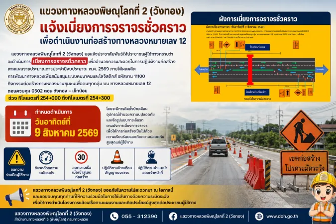 แขวงทางหลวงพิษณุโลกที่ 2 (วังทอง) แจ้งเบี่ยงการจราจรชั่วคราว เพื่อดำเนินงานก่อสร้างทางหลวงหมายเลข 12